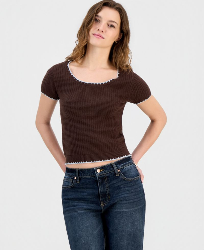 Juniors' Waffle-Knit Short-Sleeve Sweater