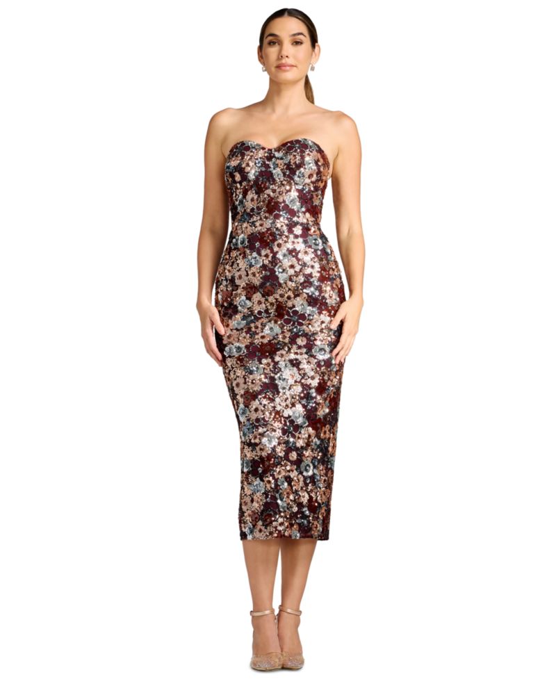 Women's Sequin Floral Sweetheart Midi Dress
