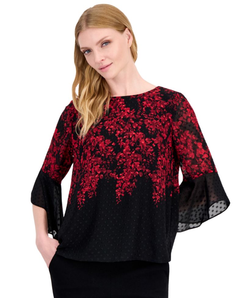 Petite Ruffle-Sleeve Floral Boat-Neck Blouse