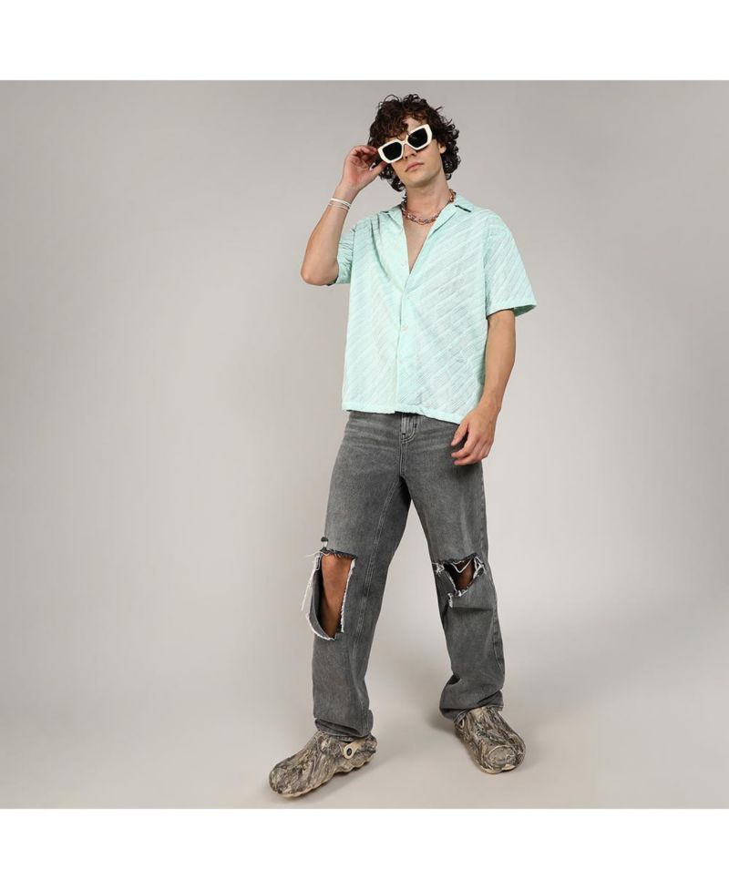 Men's Mint Green Embroidered Striped Shirt