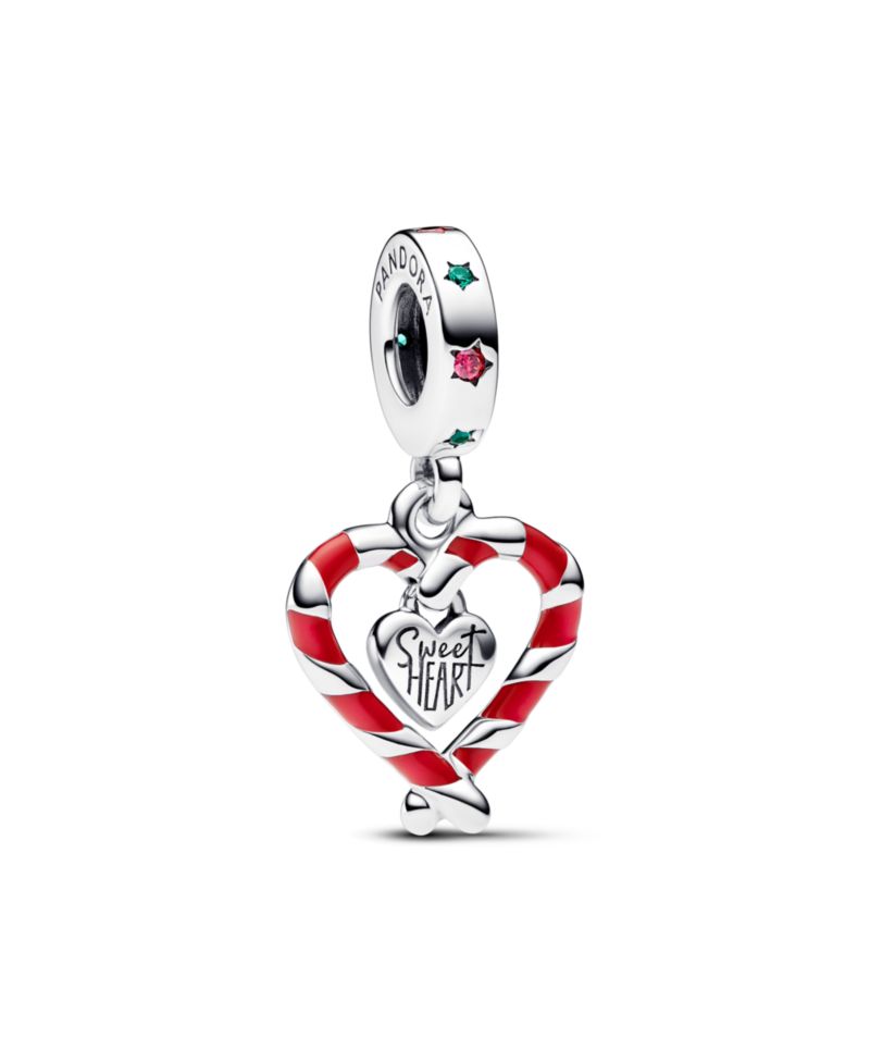 Cubic Zirconia Double Candy Cane Heart Christmas Dangle Charm