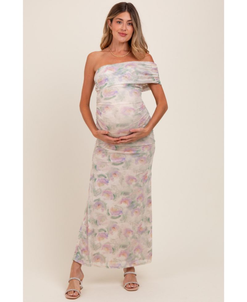 Women's Light Pink Floral One Shoulder Ruched Maxi Dress
