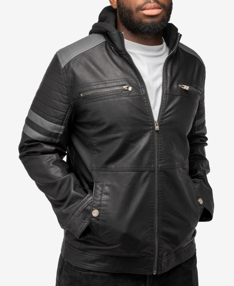 XRAY Men's Grainy PU Leather Hooded Jacket With Faux Shearling Lining