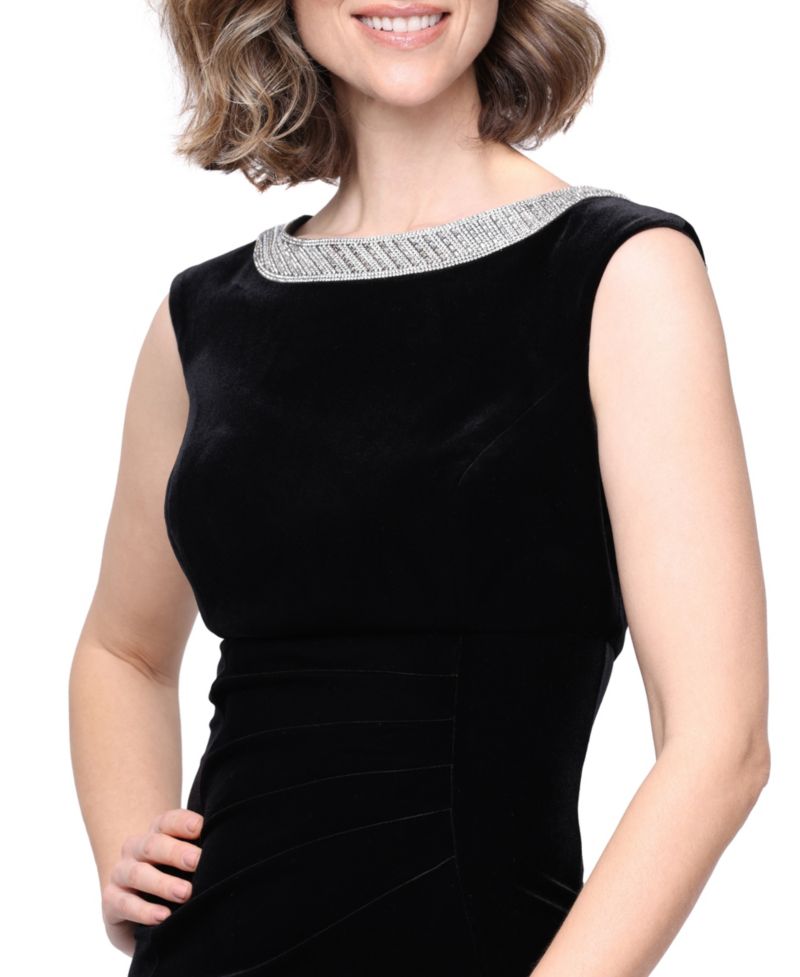 Petite Stretch Velvet Boat Neck Sleeveless Dress