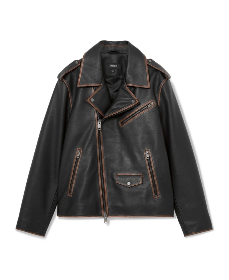 Men's Winnen Leather Burnished-Detail Biker Jacket