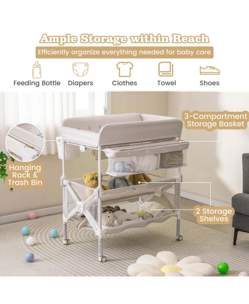 Portable Baby Changing Table with Wheels Adjustable Height Large Storage Rack