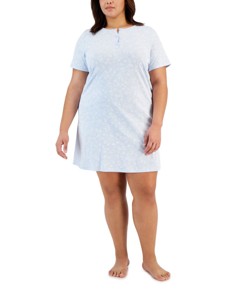 Plus Size Cotton Ditsy Floral Henley Sleepshirt