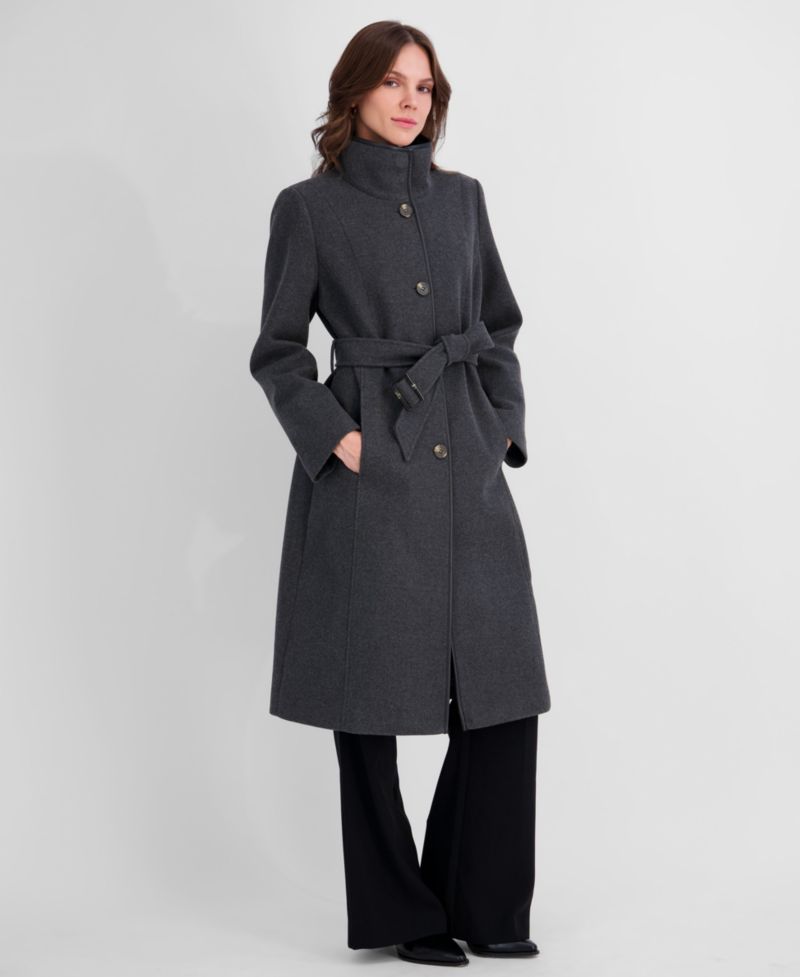 Women's Belted Faux-Leather Trimmed Funnel Neck Coat