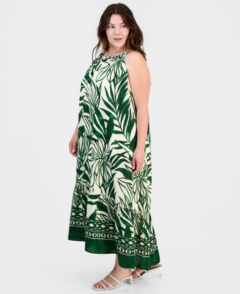 Plus Size Sleeveless Border-Print Midi Dress