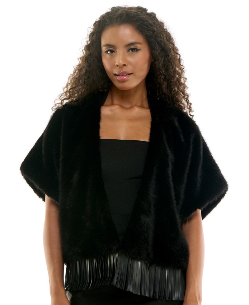 Juniors' Faux Fur Open-Front Pleather-Fringe Hem Jacket