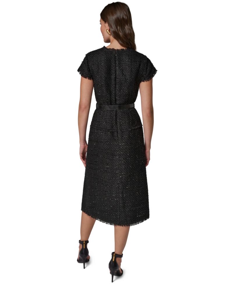Women's Belted Split-Neckline Tweed Midi Dress