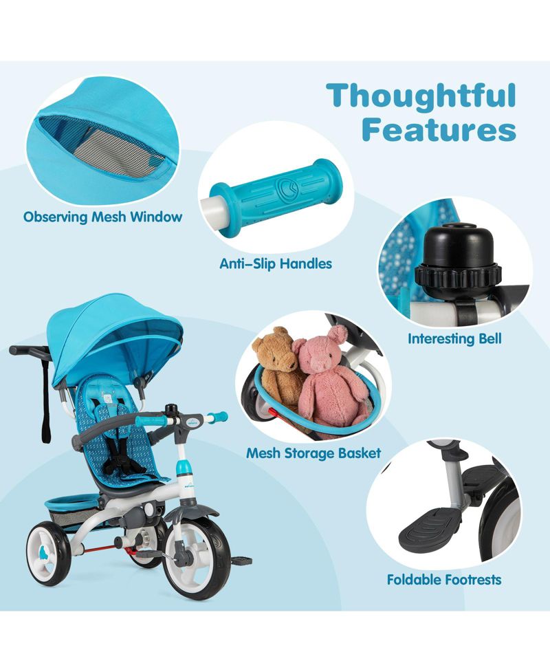 Girls 4-in-1 Tricycle Stroller with Detachable Design and Round Sun Canopy