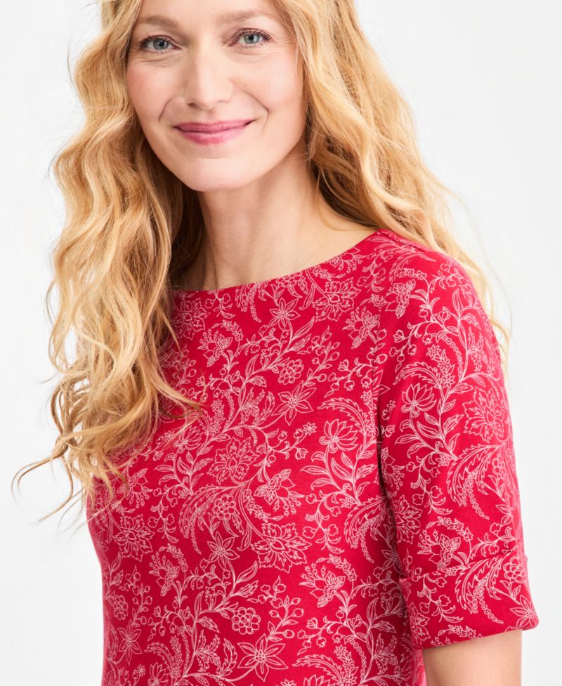 Printed Women's Boat-Neck Elbow-Sleeve Top