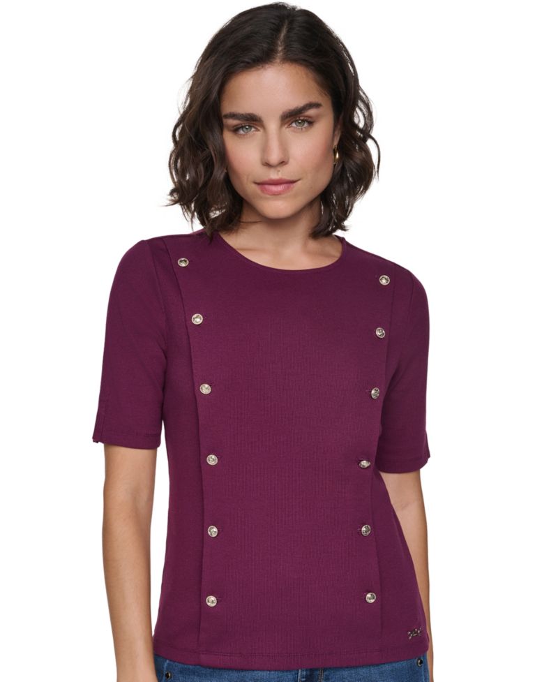 Petite Short-Sleeve Crewneck Ribbed-Knit Cotton-Blend Sweater