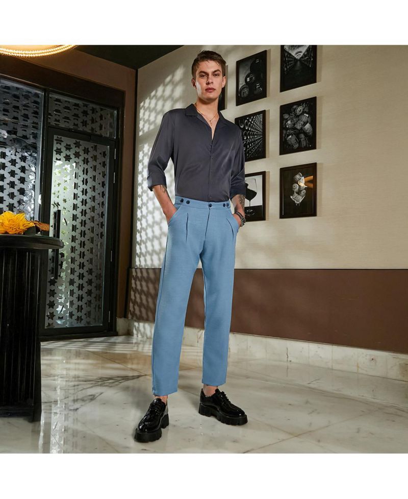 Men's Sky Blue Pleated Tailored Trousers
