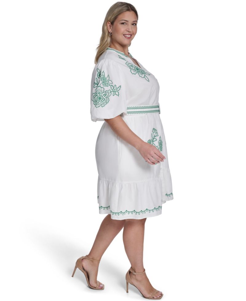 Plus Size Puff-Sleeve Embroidered Dress