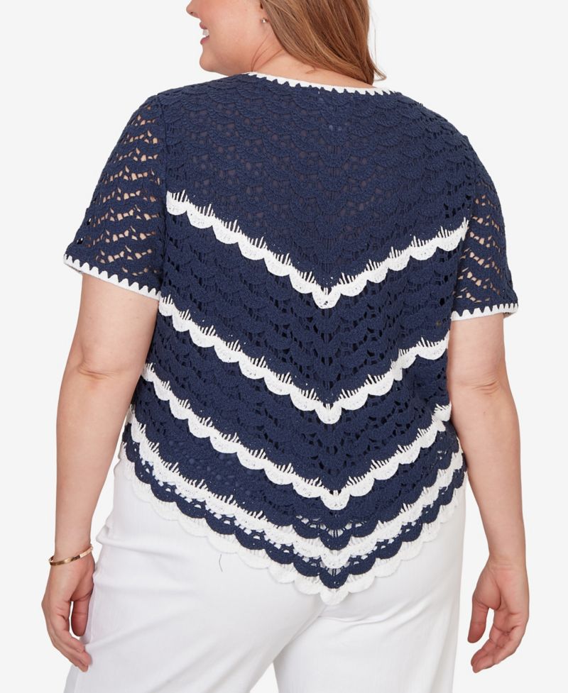 Plus Size Port Side Chevron Crochet Short-Sleeve Top