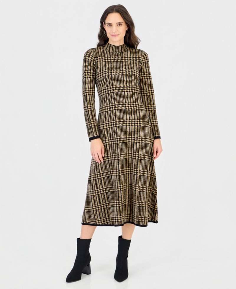Women's Mock Neck Long-Sleeve Plaid Sweater Dress