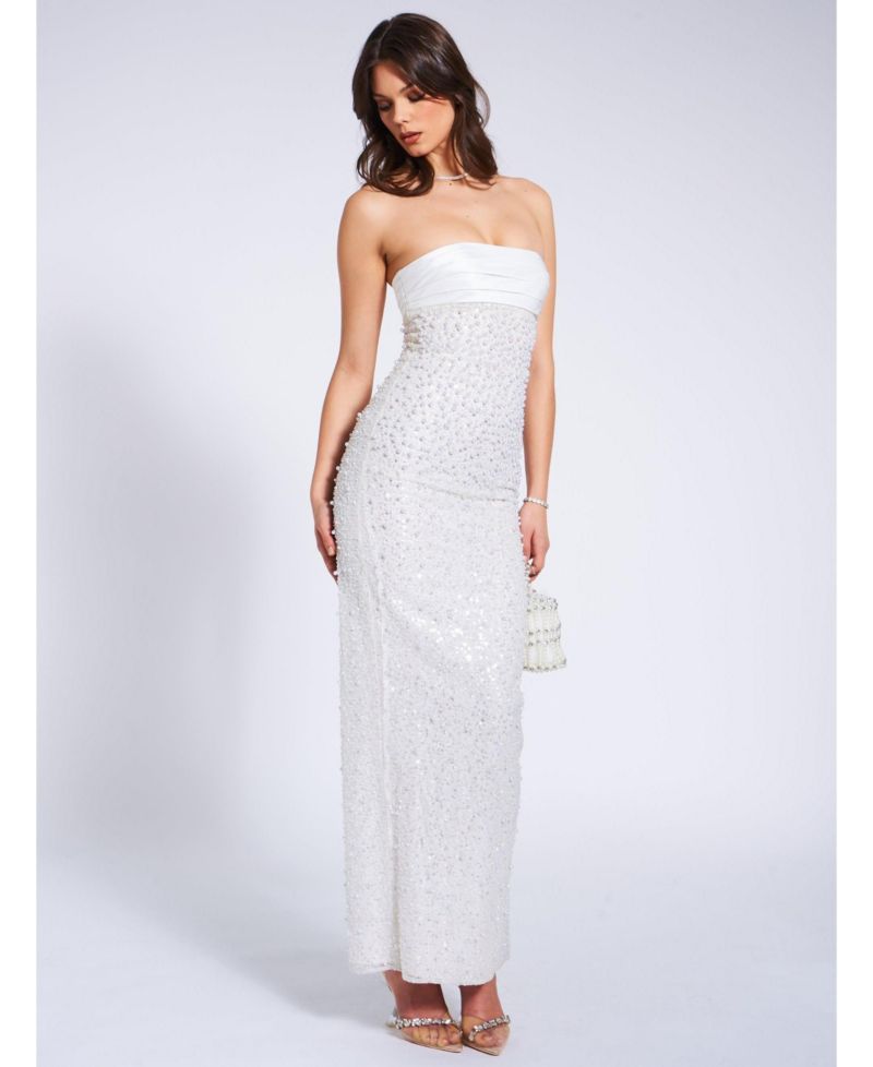 Women's Lainey White Satin Sequin Pearls Beaded Maxi Dress