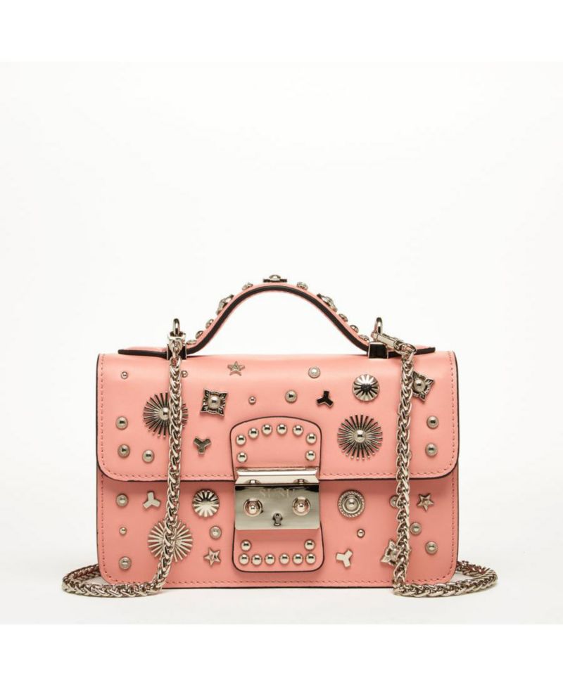 Women s Pink Leather Crossbody Bag Studded Shoulder Purse with Top Handle Embellished Handbag for Evening & Casual Outfits