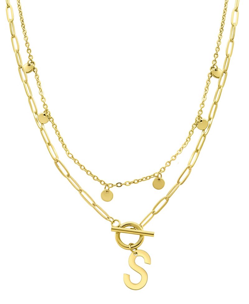 Tarnish Resistant 14K Gold-Plated Confetti and Paperclip Layered Initial Toggle Necklace