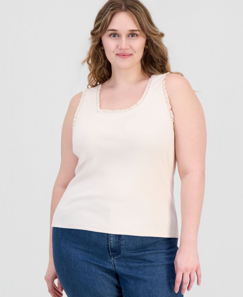 Plus Sleeveless Lace-Trim Tank Top