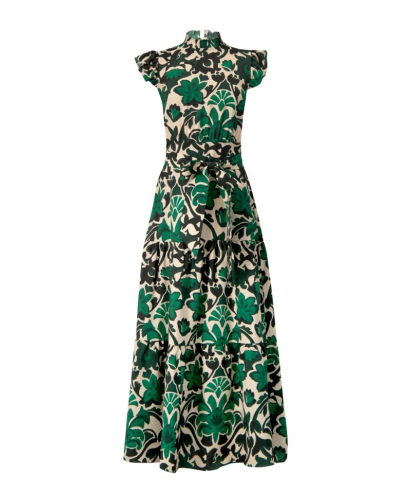 Women's Printed Ruffle-Sleeve Maxi Dress with Tie Waist