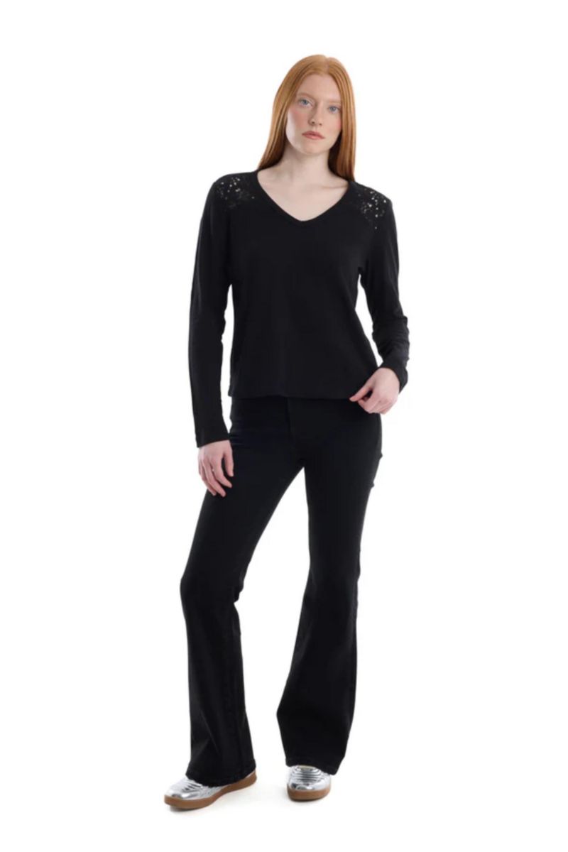 Women's Clothing V-Neck Long Sleeve Mixed Media Tee