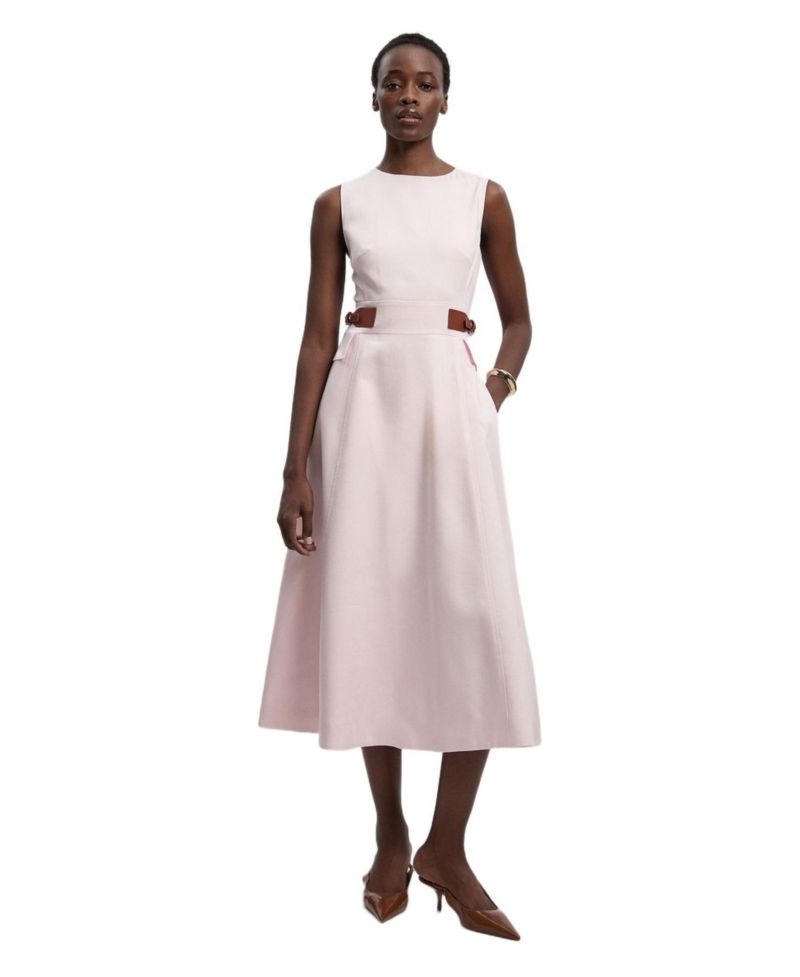 Women's Fitted Belt Crew Neck Midi Dress