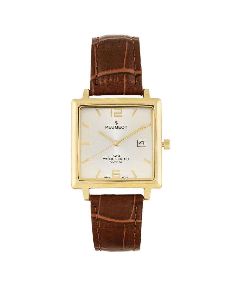 Men's 35mm 14K Gold Plated Square Watch with Brown leather Strap