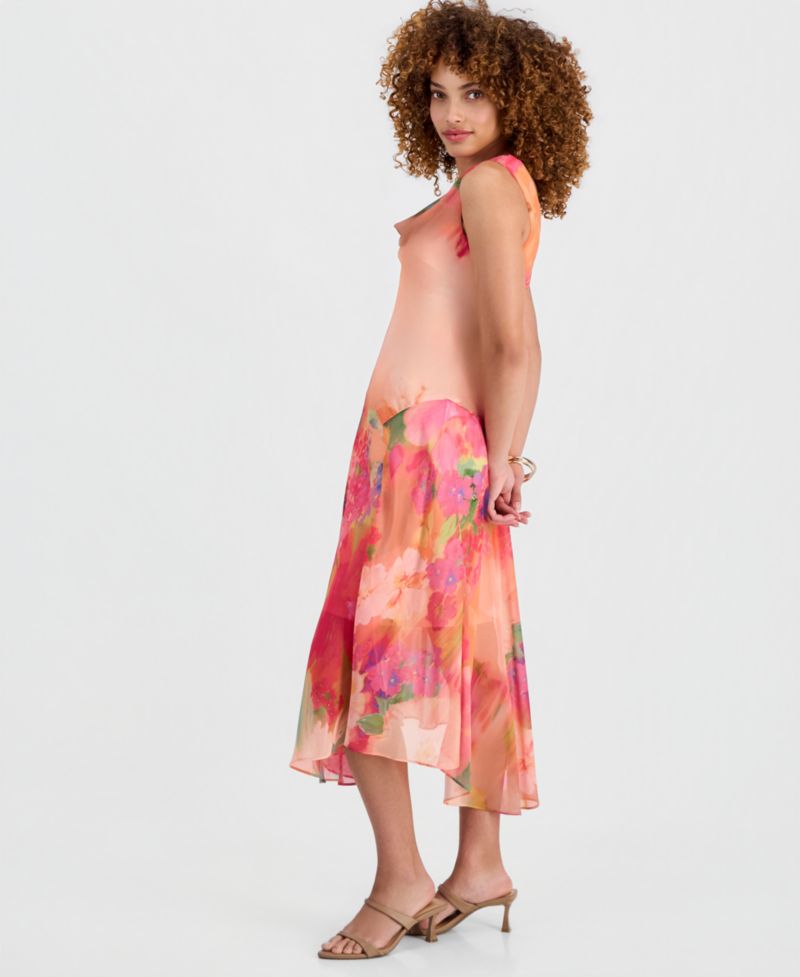 Petite Printed Cowlneck High-Low Midi Dress
