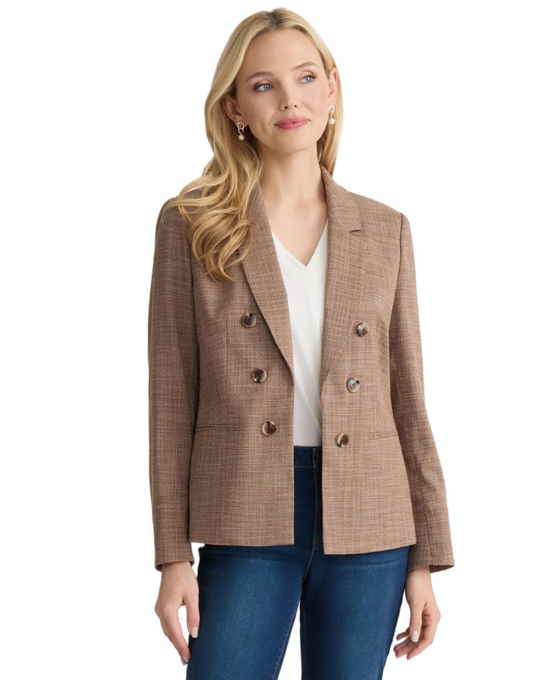 Petite Double-Breasted Basket-Weave 3/4-Sleeve Blazer