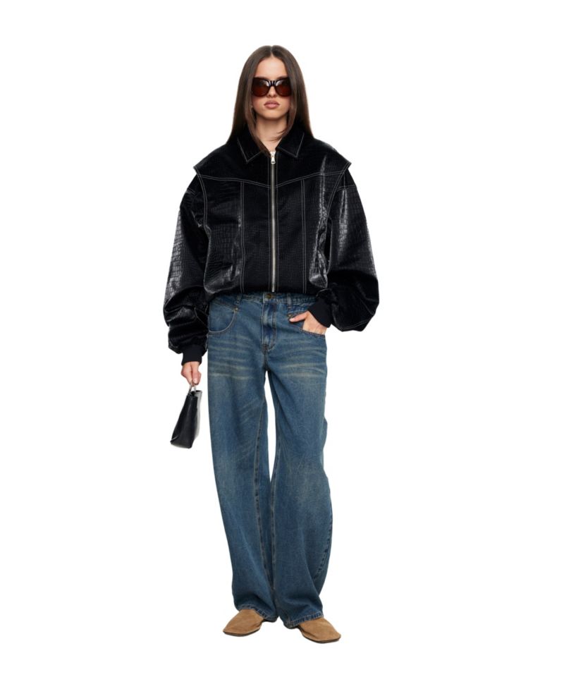 Women's Vista Cropped Croc-Embossed Bomber Jacket