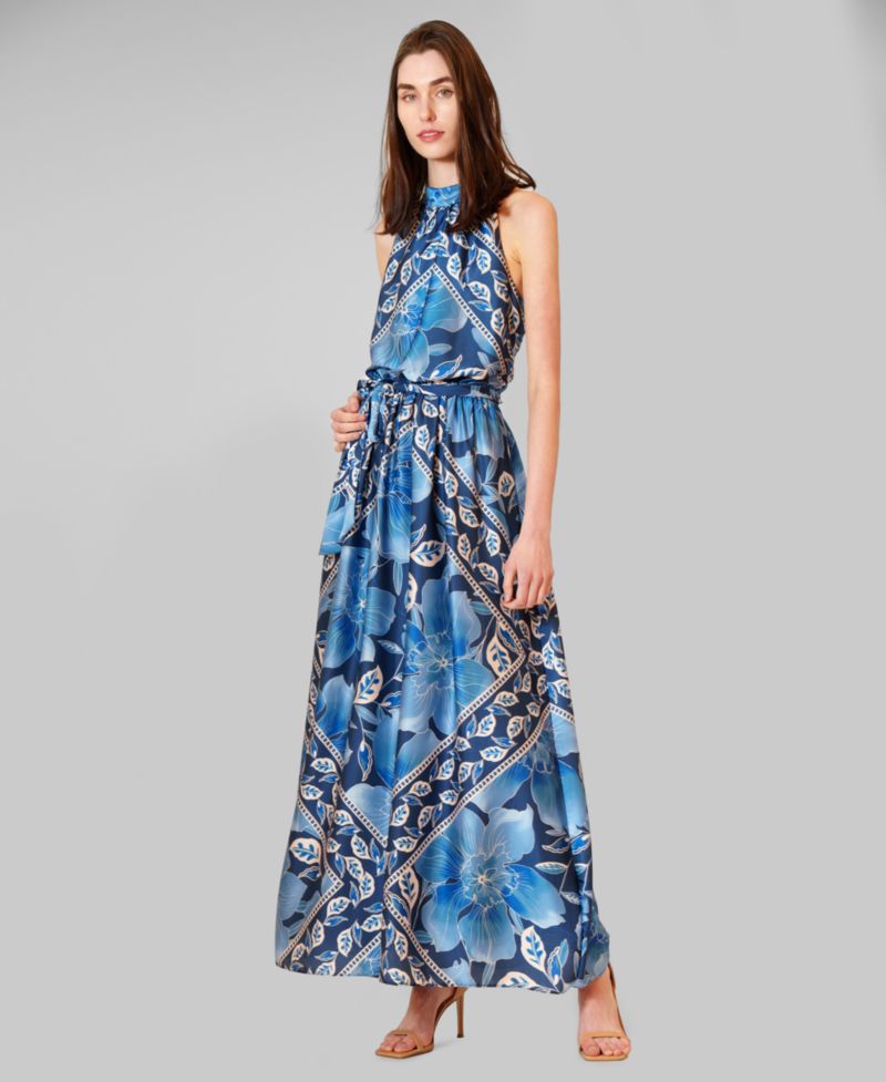 Women's Printed Satin Halter Neck Maxi Dress