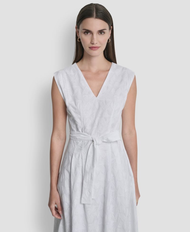 Women's Cap-Sleeve V-Neck Embroidered Midi Dress