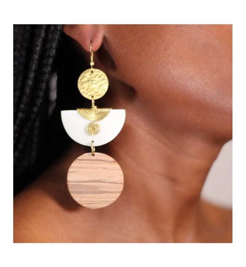 Kazuri Geometric Wood & Brass Drop Earrings – Handmade Boho Statement Jewelry