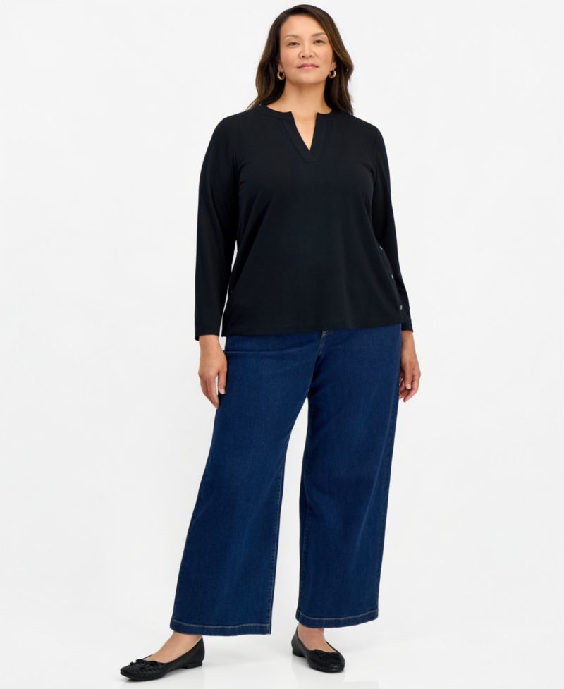 Plus Size LuxLounge French Terry Split-Neck Long-Sleeve Top