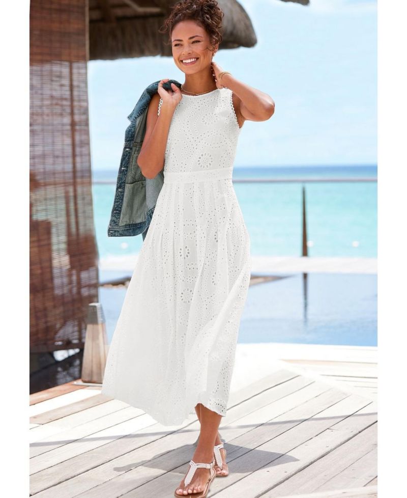Women's Cotton Sleeveless Eyelet Crochet A-Line Maxi Dress