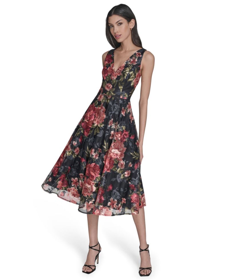 Women's Floral V-Neck Fit & Flare Midi Dress