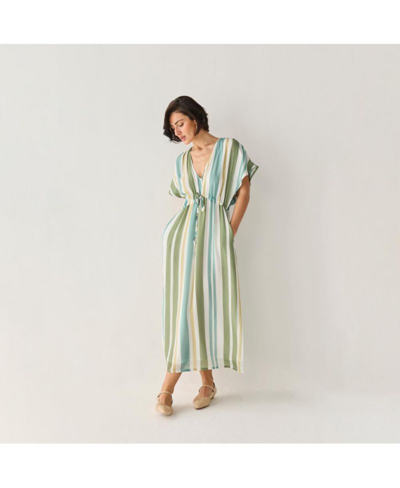 Women's Striped Drawstring Waist Maxi Dress