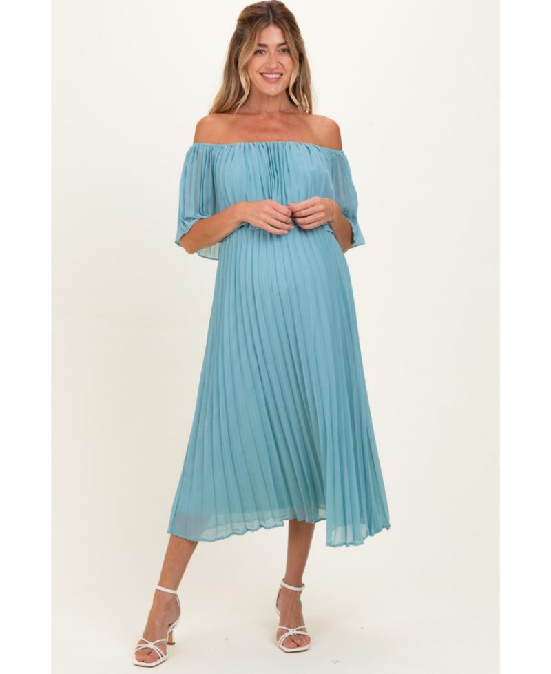 Maternity Pleated Off-the-Shoulder Flounce Midi Dress