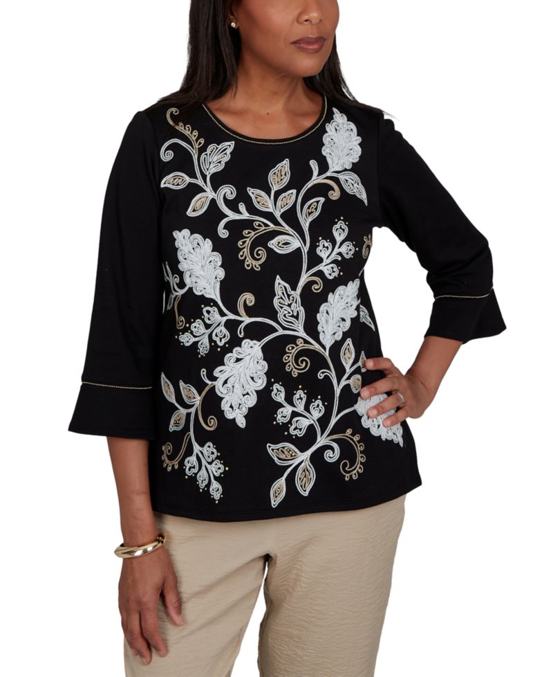 Petite Travel Advisory Scroll Leaf Embroidered 3/4 Sleeve Crewneck Top