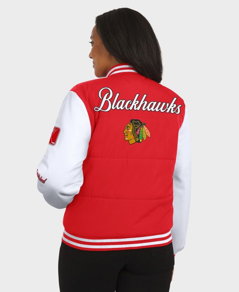 Women's Red/White Chicago Blackhawks Varsity Full-Snap Puffer Jacket
