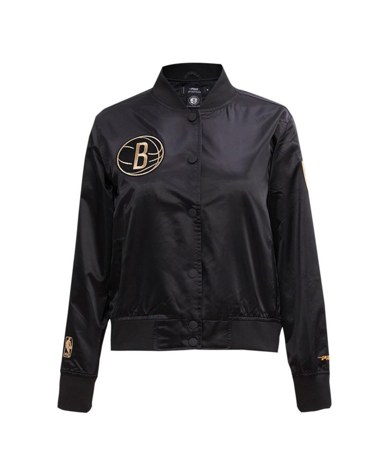 Women's Black Brooklyn Nets Glam Satin Full-Snap Varsity Jacket