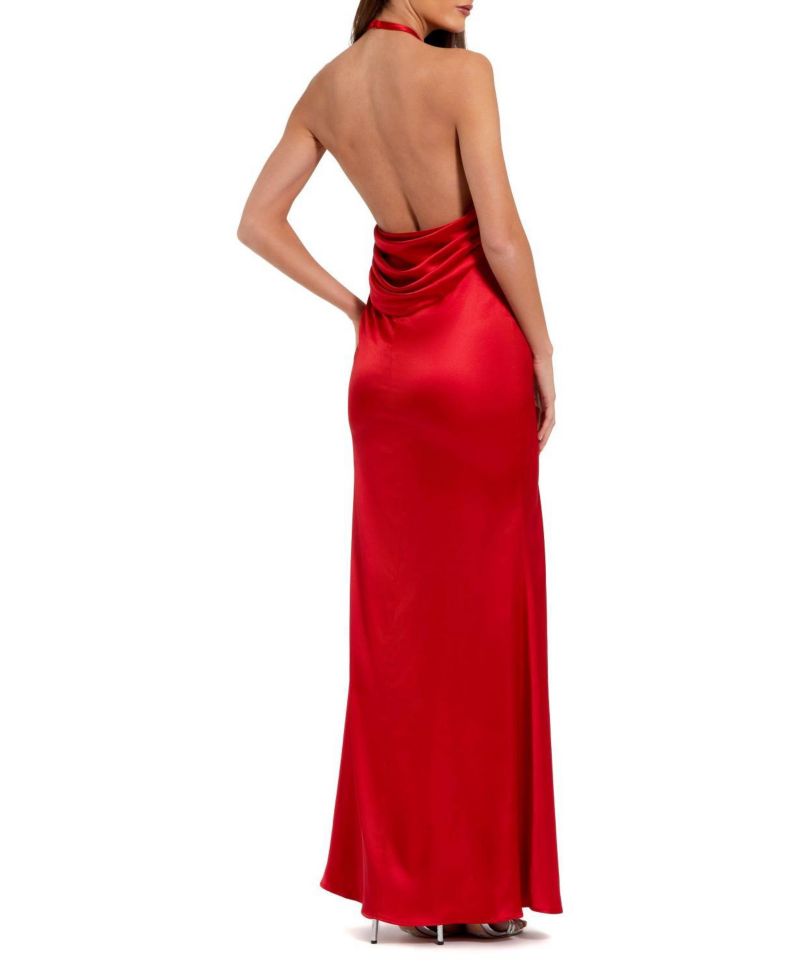 Women's Fitted Satin Sleeveless Halter Gown With 3D Flower