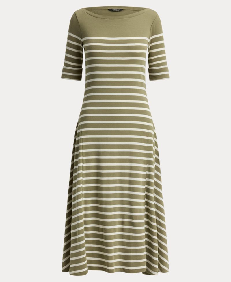 Women's Boat Neck Breton-Stripe Ribbed Midi Dress