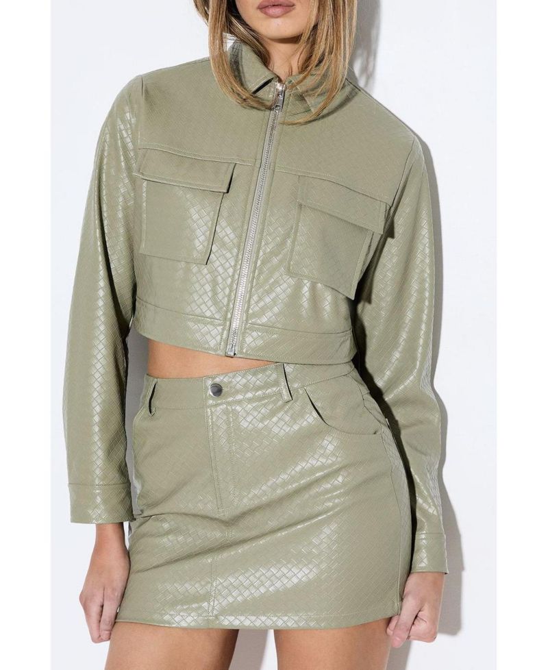 Women's Woven Detail Faux Leather Jacket