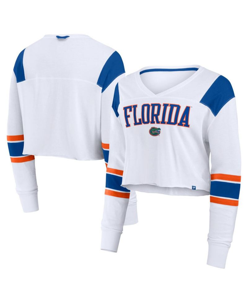 Women's White Florida Gators Training Camp Cropped Long Sleeve V-Neck Fashion Top