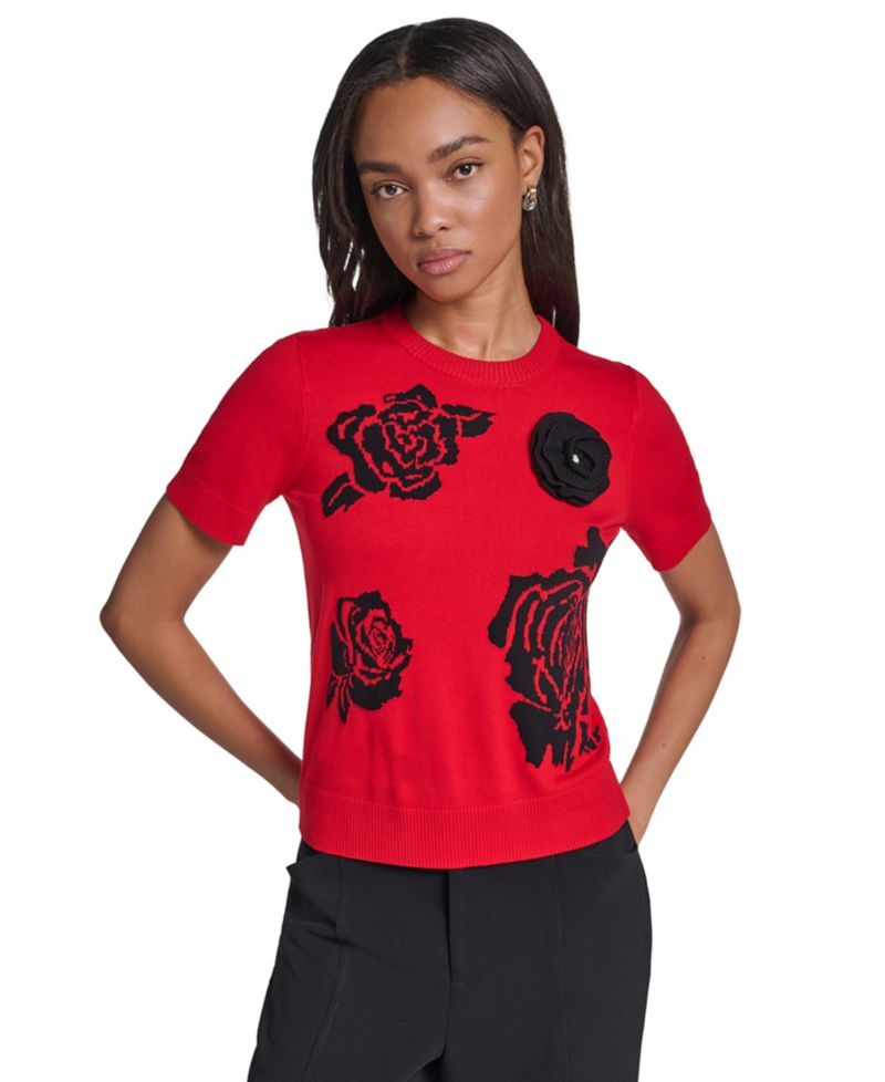 Petite All Over Rose Floral Crewneck Short-Sleeve Sweater