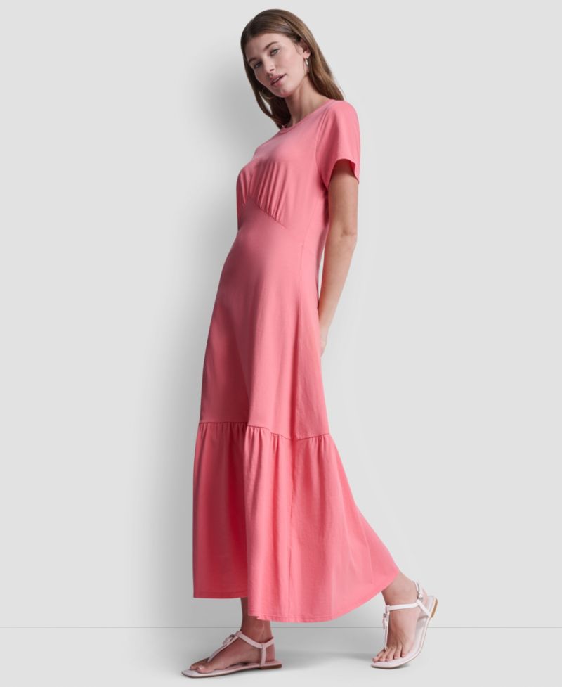 Women's Ruched Bodice Crew Neck Tier Long Dress